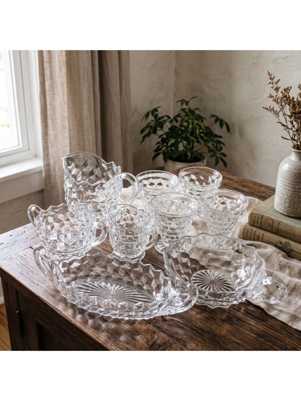 9Pc Vintage Fostoria American Clear Glass Set, Geometric Diamond Cube Pattern